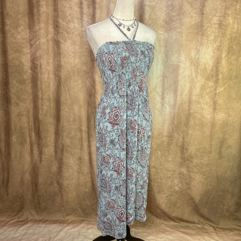 Y2K Halter Dress Paisley Floral Midi Smocked Blue Pleated Summer Vacation Boho